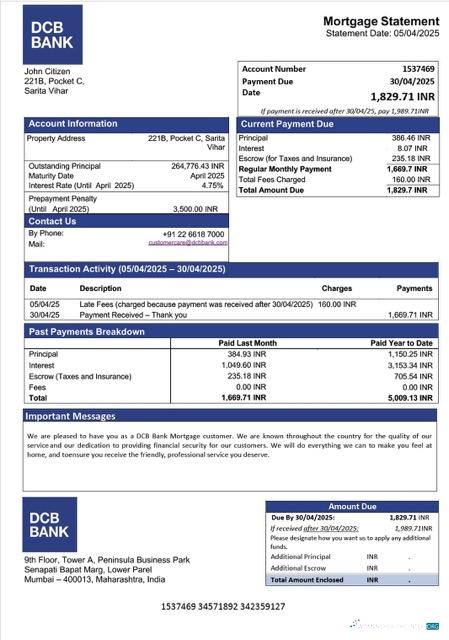 Download India DCB Bank mortgage statement Word and PDF template Photoshop template
